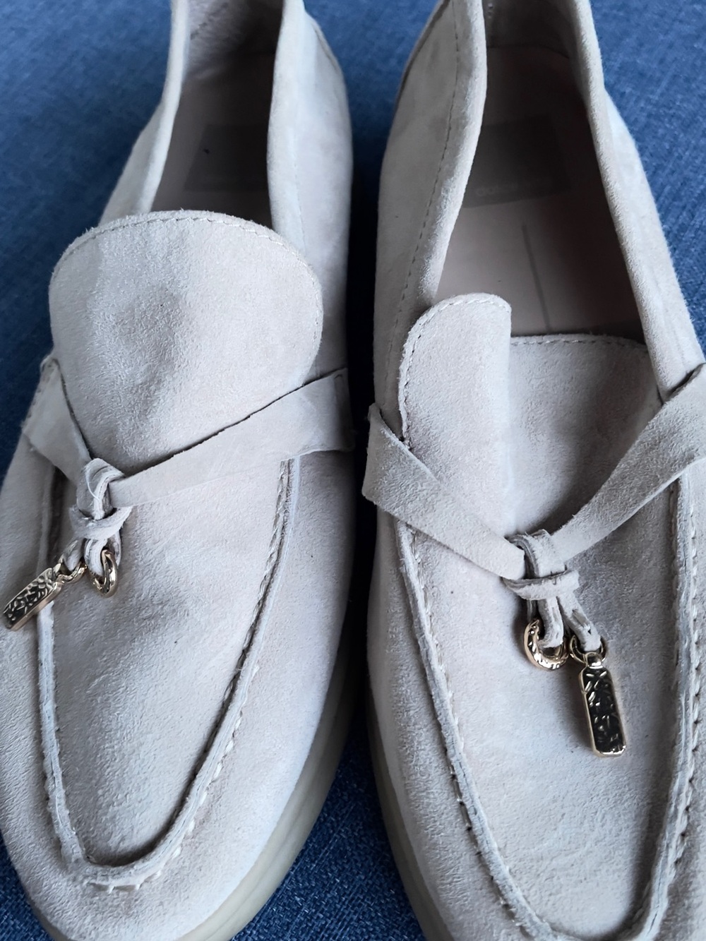 Dolce Vita Women's Suede Moccasins in Light Beige with Gold Accents